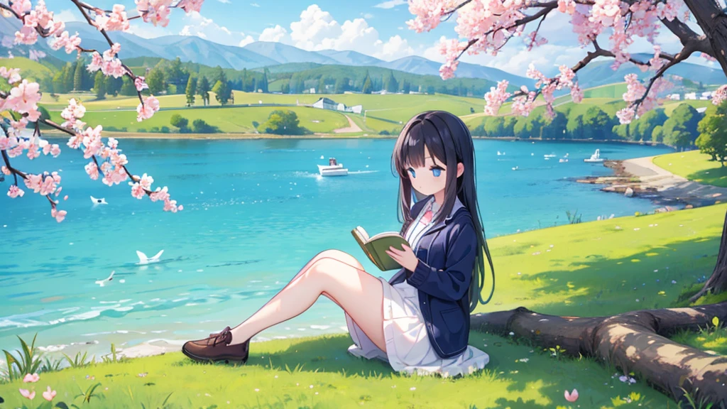 Girl reading a book by the lake, Bright colors, spring, Willow Branch, comfortable, Warm sunshine