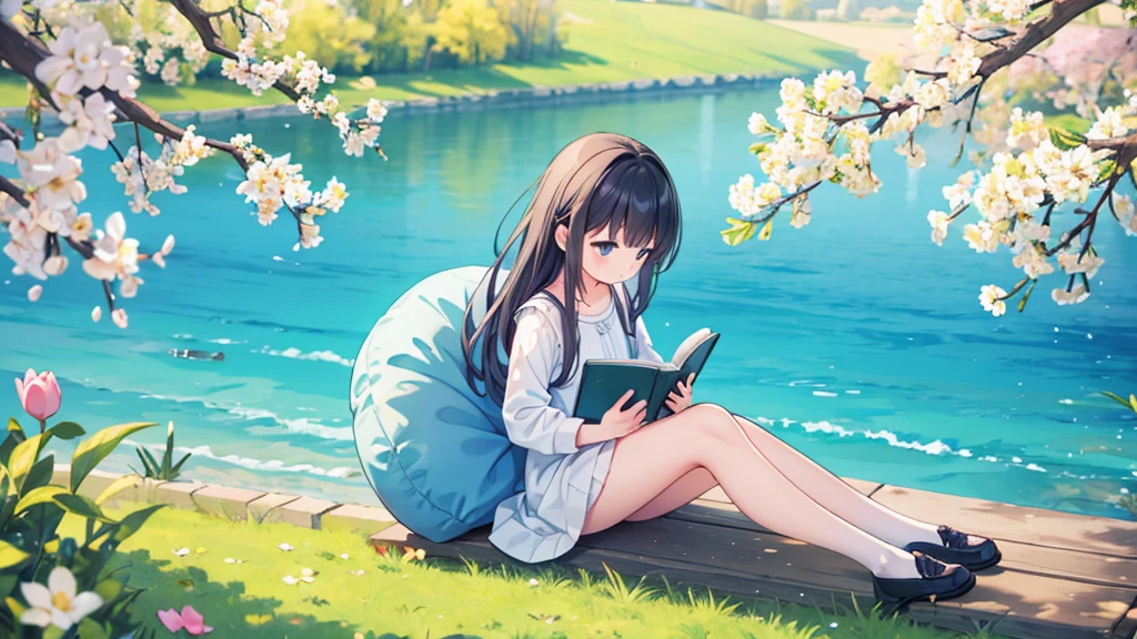 Girl reading a book by the lake, Bright colors, spring, Willow Branch, comfortable, Warm sunshine