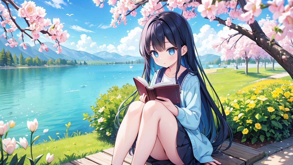 Girl reading a book by the lake, Bright colors, spring, Willow Branch, comfortable, Warm sunshine