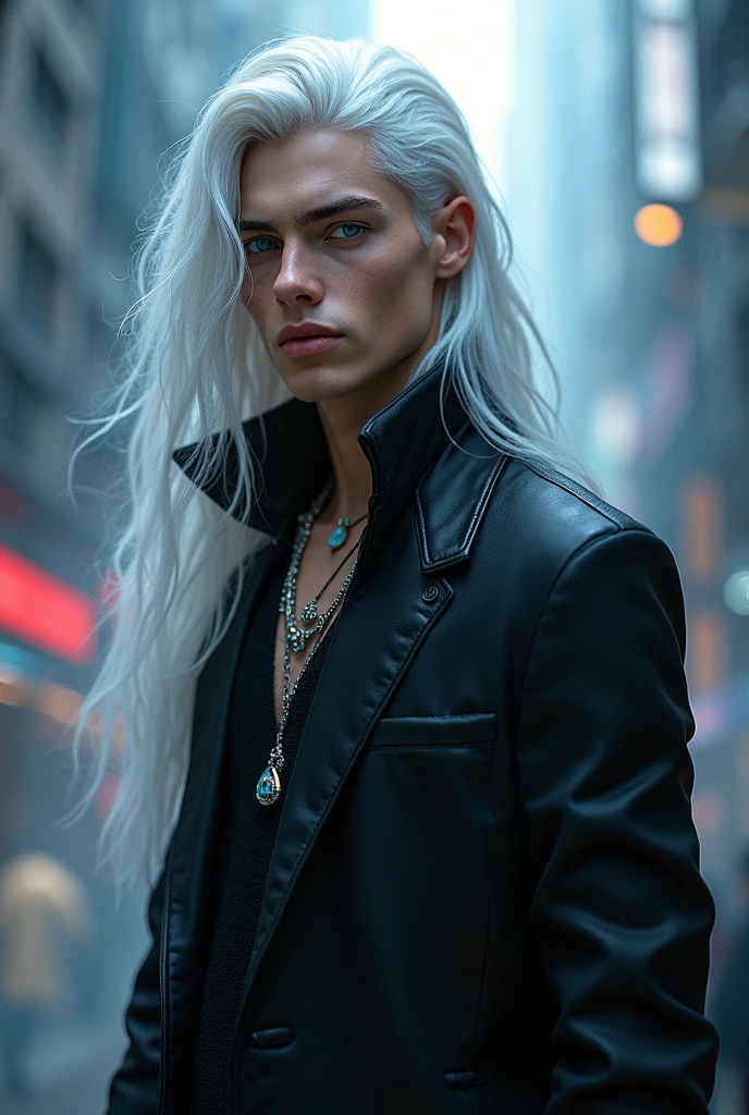 Young man's , (black outfit, jewelry, long flowing white hair, detailed face, detailed beautiful blue eyes,modern City(intricate:1.3), (arcane aura:1.2), (dreamlike: 1.3), (subtle mist:1.1), (vibrant colors: 1.2), (detailed hair:1.3), (ultra realistic details:1.5),