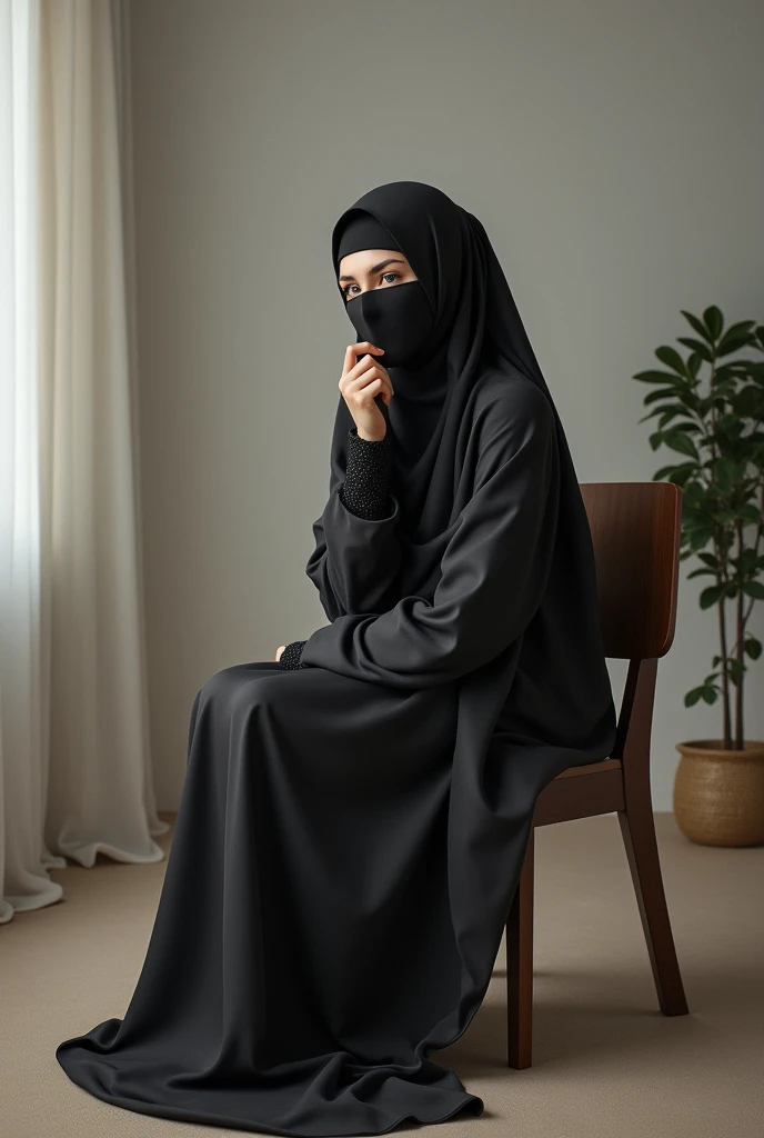 one women wearing niqab seat on chair,at room ,hand at face niqab