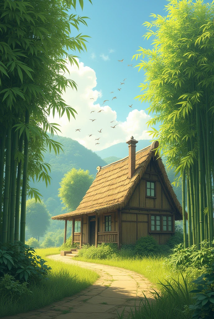 Give me a vivid picture of a thatched house with green bamboo rows, quiet sunlight, flocks of birds flying back, and kitchen smoke.