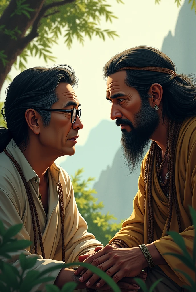 Japanese man with glasses talking to a long-haired indigenous man