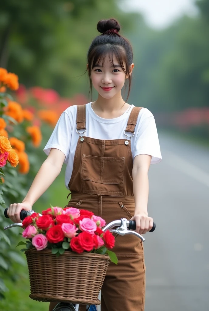 beautiful indonesian girl, smooth white skin, well-groomed face,smiled faintly, Korean style bun hair with trendy bangs,, white t-shirt, brown jeans jumpsuit pants,,
white shoes, posing while holding the bicycle handlebars, in the bicycle basket full of colorful roses (orange, )(red)(,pink,) Background ,There are colorful rose plants on the left and right sides of the road,Realistic original photo