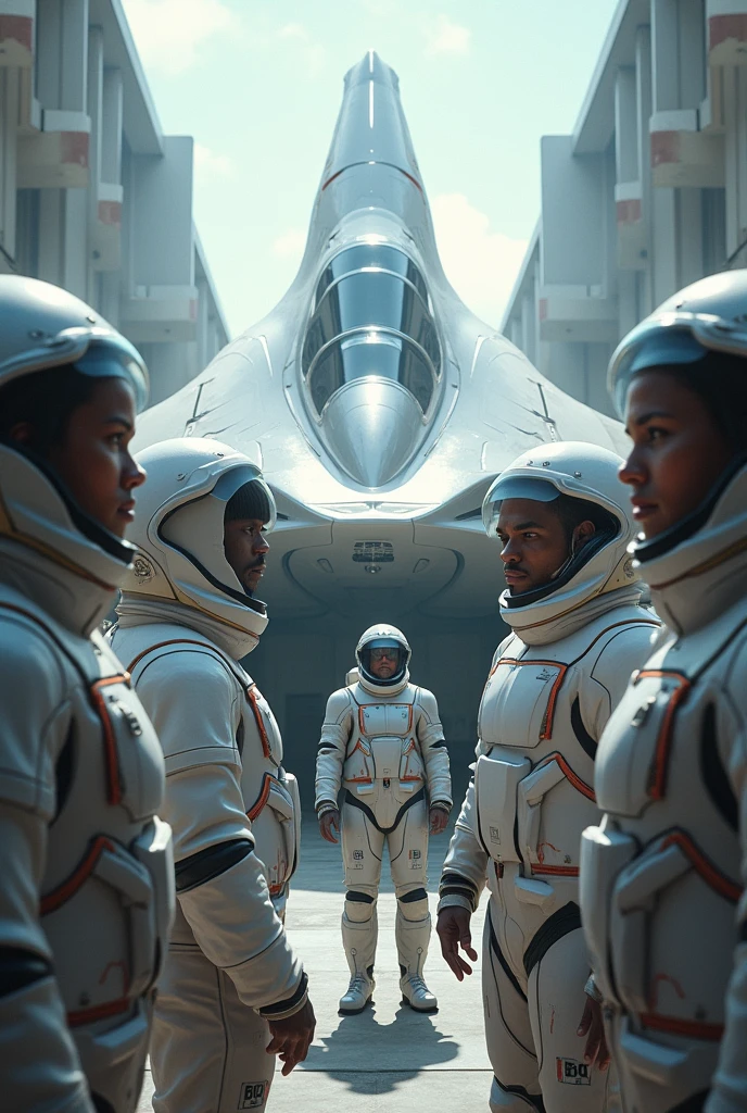 Create a image of astronaut group with advanced suits getting into a spaceship 
