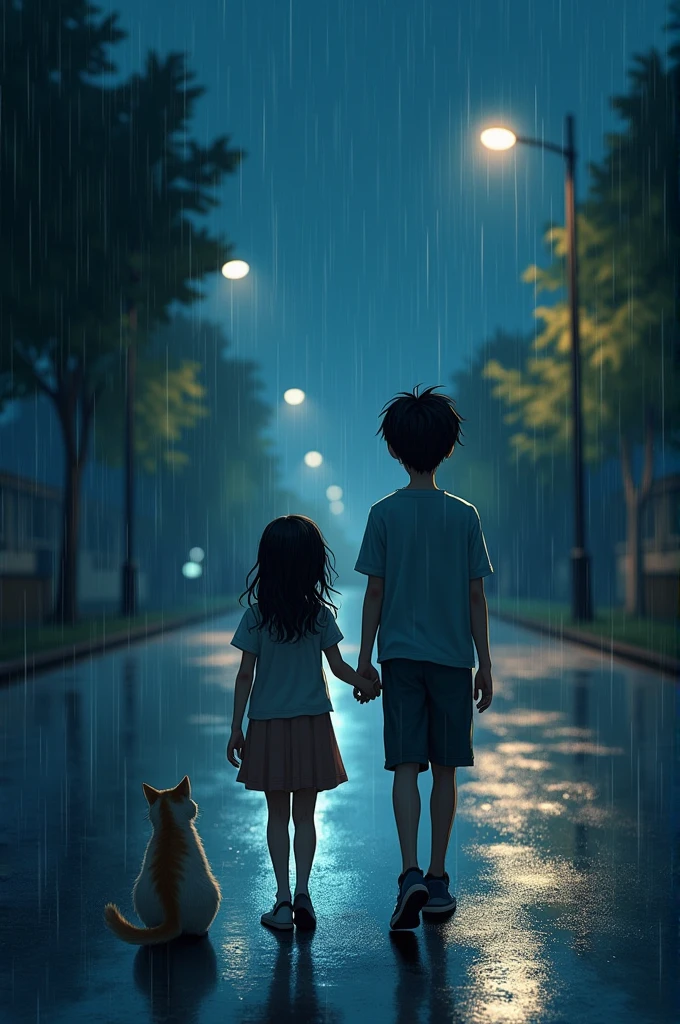 Under the dim glow of streetlights, a boy and a girl walk side by side down an empty road. The rain falls gently, casting a shimmering veil over the pavement. The rhythmic patter of raindrops creates a soothing backdrop as they stroll through the quiet night. Their footsteps echo softly, and the world around them feels serene and still, punctuated only by the occasional flash of distant lightning,with a himaliyan cat.