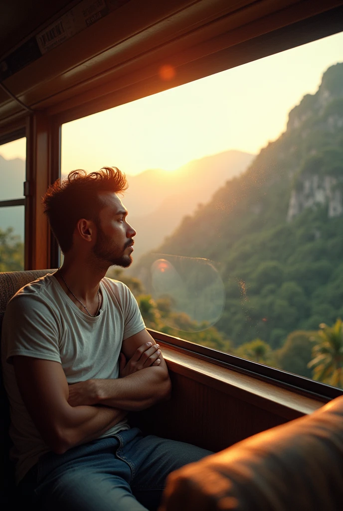 The careless boy age 23  sit in bus and seeing the outside to the window form bus in high altitude point mountain view sunet realistic jungle
