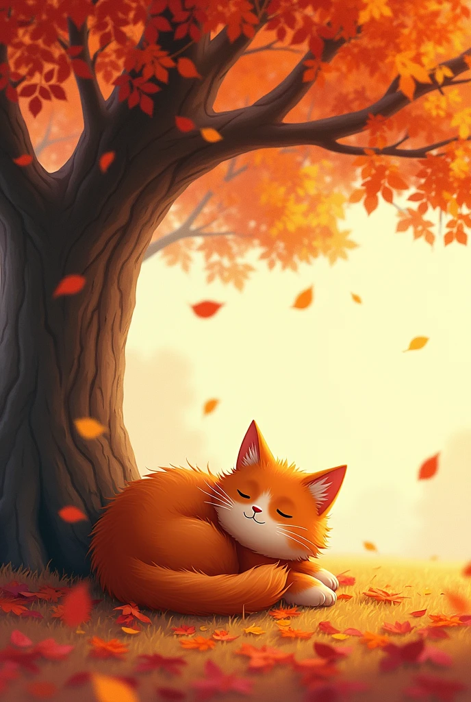 A small orange lazy little cat under a vibrant autumn tree. The leaves of the autumn tree are falling from the wind and the cat is lazily staying under the tree while the scenery is so beautiful and vibrant with the autumn leaves falling.