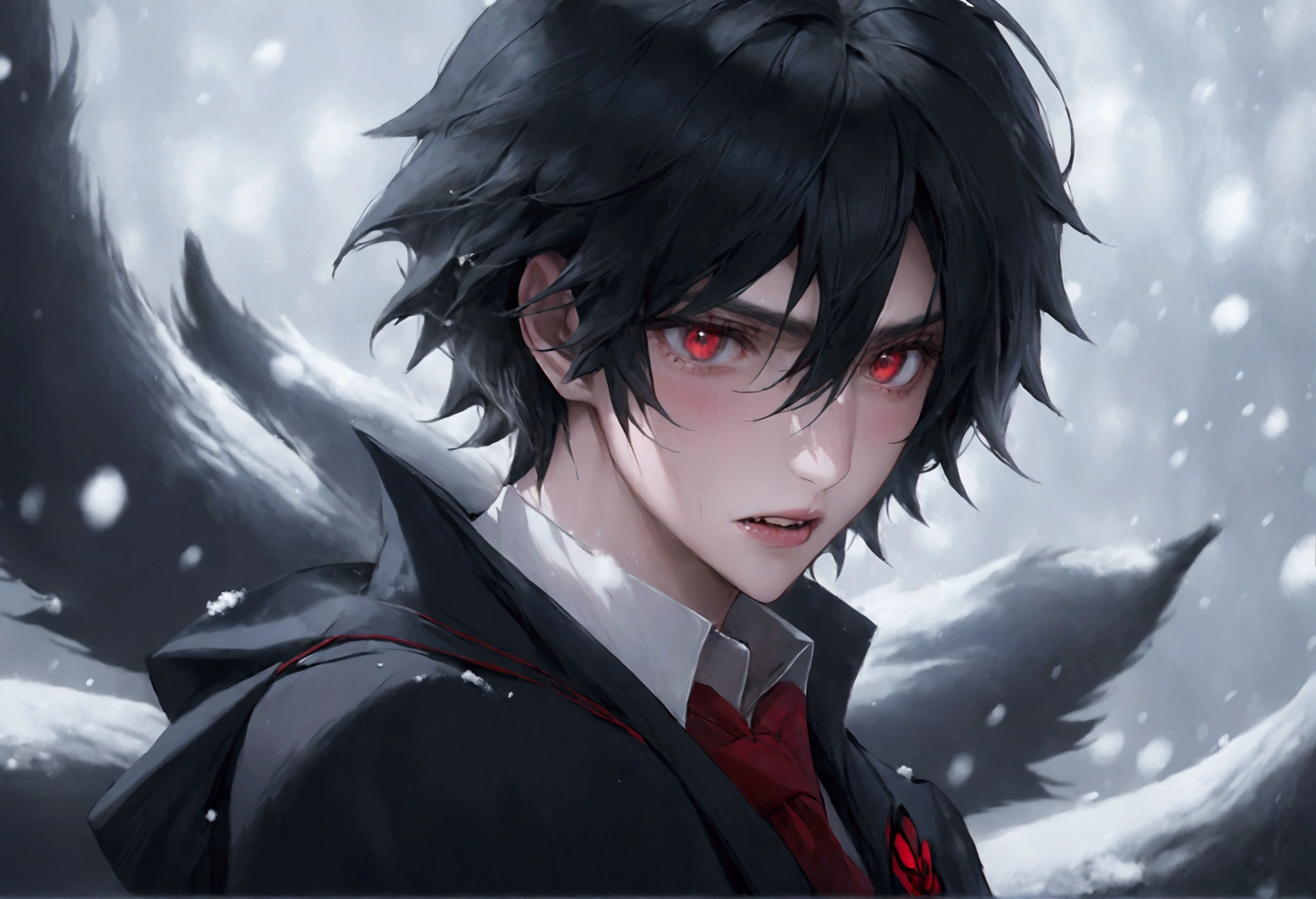  male, black wolfcut hair, school uniform, classroom background, handsome, snow white skin, red eyes, fangs