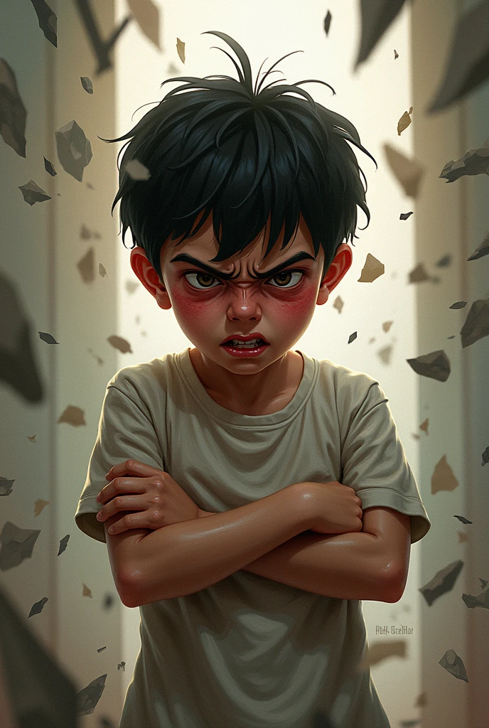 A child or ager with a red face, furrowed eyebrows and arms crossed or clenched into fists. Around it, Distorted elements such as wavy or fragmented lines that suggest chaos or internal turmoil, for children