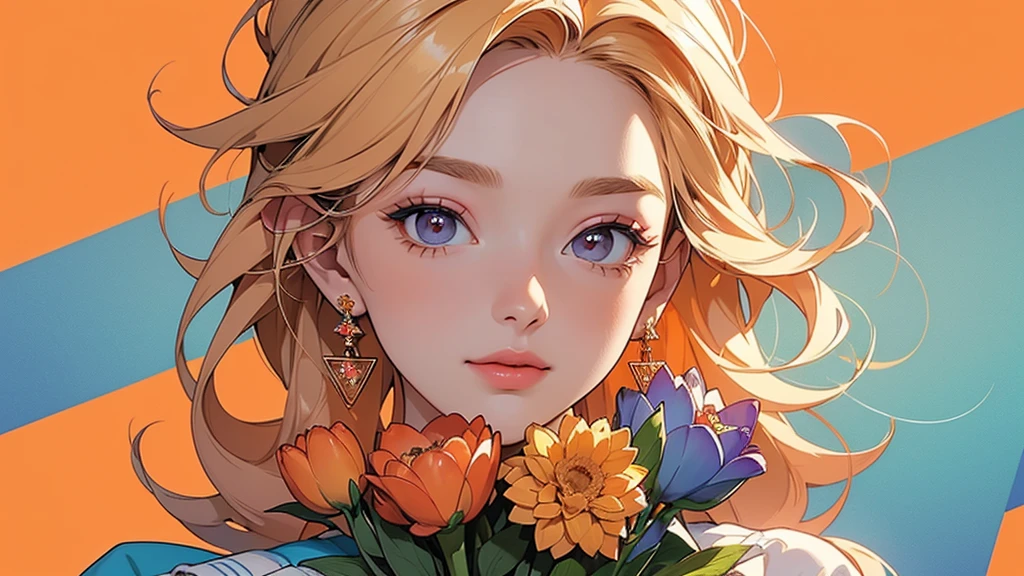 32K, 最高quality, 最高masterpiece, (ultra-Detailed Background, Detailed Background), High resolution, Super detailed, Very detailedな, 1 personの, (bouquet:1.3), (Tangled:1.2), (Geometric:1.2),(colorful),(masterpiece, quality, best quality, Official Art, Beautiful and beautiful:1.2), (1 person:1.3), Very detailed,(colorful:1.1)(Flowers:1.3),Most detailed,(Tangled:1.2), whole body, (Abstract background:1.3), (Skin glows), (Many colors:1.4), ,(Earrings Jewelry:1.5), Pale Orange Background, Gradation, It's imaginative., Flaxen Hair,