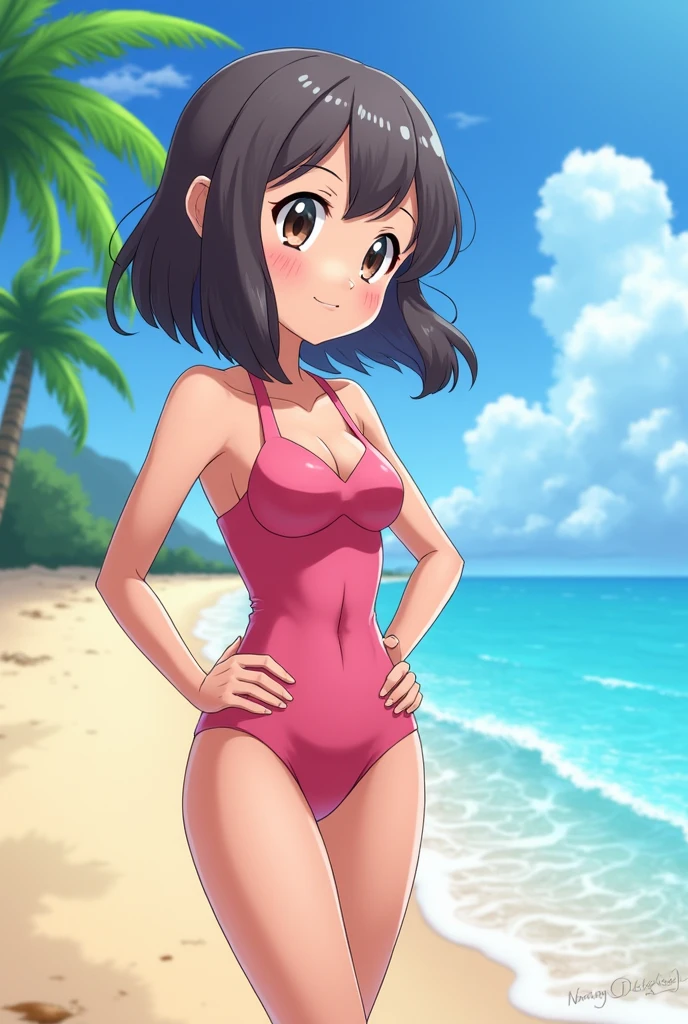 score_9,score_8_up,score_7_up,1girl,solo,sitting,smile,open mouth,arms behind back,blue sky,beach,
<lora:fukuyamamai_ponyXLV6:0.8>,cgfm,
black hair,wavy hair,ponytail,black eyes,flat chest,
pink swimsuit,frills