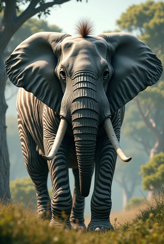 I want to create an animal that is a mix of an elephant and a zebra that has similar physiques to both.