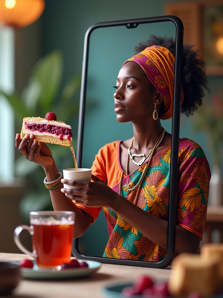 image of a cellphone being upright, from inside the cellphone you can see a Zambian lady with her hand extended out of the cellphone screen holding a cup while a hand from outside the cellphone is pouring Ice cranberry tea with a slice of blueberry cheesecake that she is holding, Background of a Blueberry cheesecake stand, realistic, ultra k HD vivid colors. ultra-deluxe.