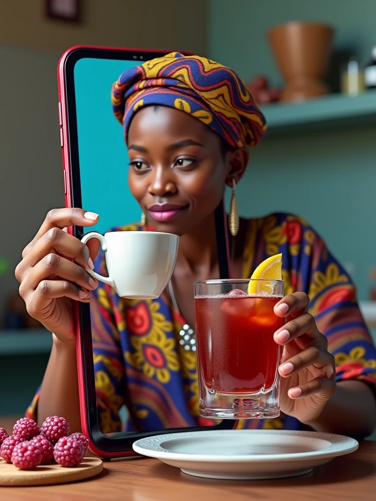 image of a cellphone being upright, from inside the cellphone you can see a Zambian lady with her hand extended out of the cellphone screen holding a cup while a hand from outside the cellphone is pouring  Ice cranberry tea with a slice of blueberry cheesecake that she is holding, Background of a Blueberry cheesecake stand, realistic, ultra k HD vivid colors. ultra-deluxe.