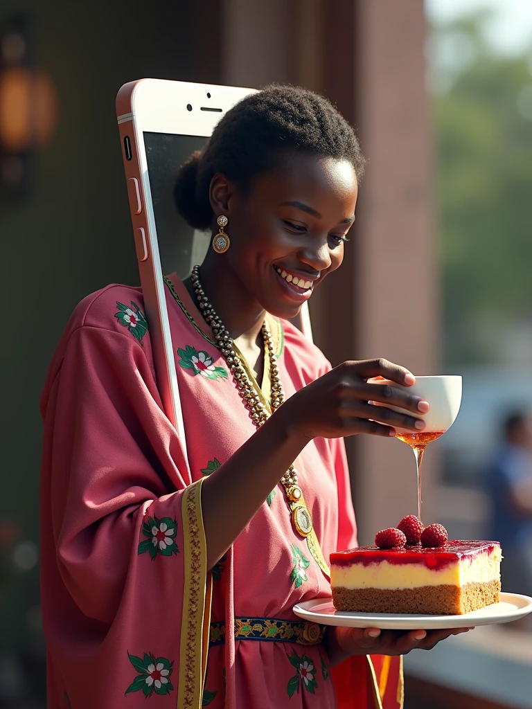 image of a cellphone being upright, from inside the cellphone you can see a Zambian lady with her hand extended out of the cellphone screen holding a cup while a hand from outside the cellphone is pouring  Ice cranberry tea with a slice of blueberry cheesecake that she is holding, Background of a Blueberry cheesecake stand, realistic, ultra k HD vivid colors. ultra-deluxe.