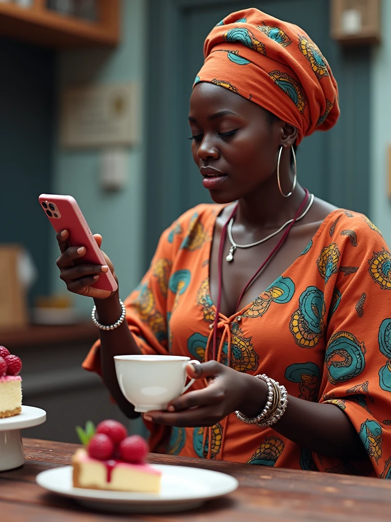 image of a cellphone being upright, from inside the cellphone you can see a Zambian lady with her hand extended out of the cellphone screen holding a cup while a hand from outside the cellphone is pouring  Ice cranberry tea with a slice of blueberry cheesecake that she is holding, Background of a Blueberry cheesecake stand, realistic, ultra k HD vivid colors. ultra-deluxe.