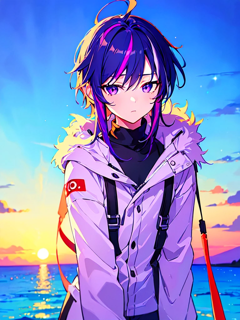 [(SUMMER BACKGROUND:1.5),::5], ((((masterpiece)))), high quality, ultra very high resolution, full color, (((solo))), ((**********)), deepGreen hair, ((Purple streaked hair)), (Purple eyes), anime, ((upper body)), neon light, black parka, SEA, SUNSET