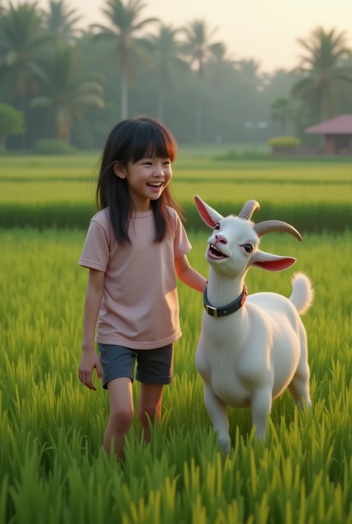 Beautiful Indonesian , straight hair, wear a t-shirt, Shorts, wear sneakers, laughing face while riding a goat, evening atmosphere, on the grass near the rice fields, ultra details, minim diffect, hd ultra images