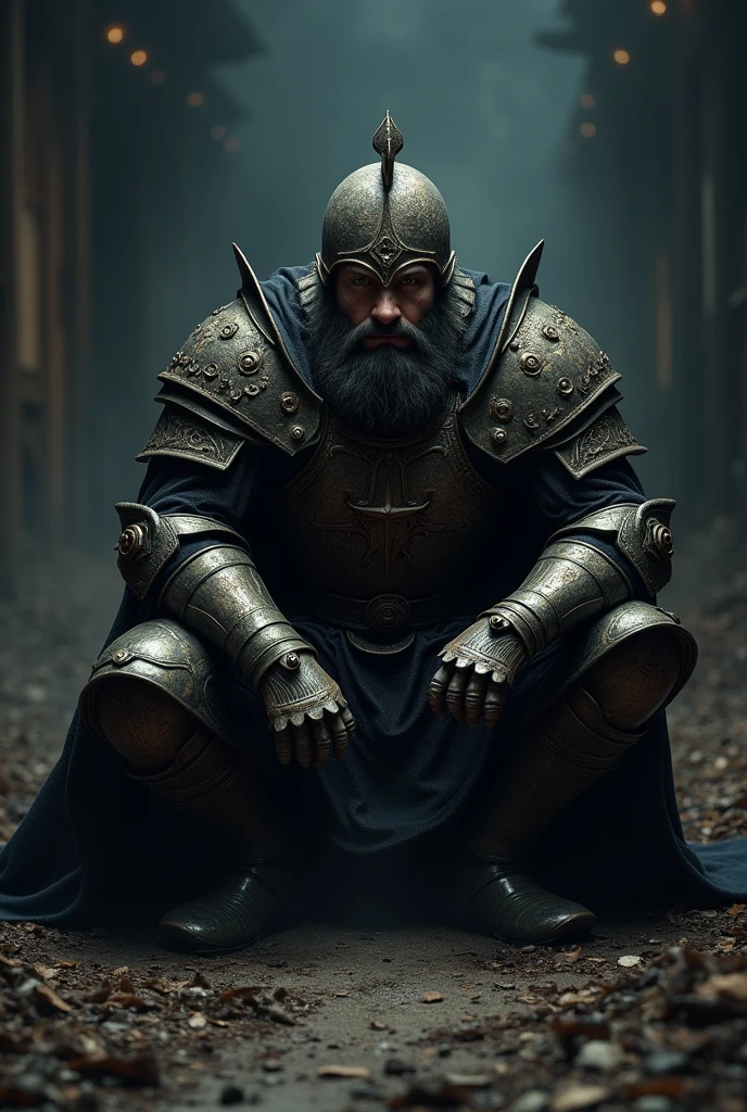 Asthetic old armour single men crouching in dark night
