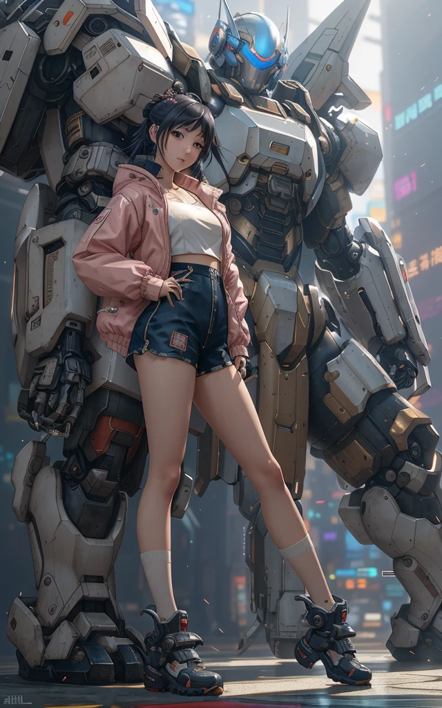 anime girl in short shorts and jacket standing next to giant robot, artwork in the style of guweiz, cyberpunk anime girl mech, trending on cgstation, guweiz, by Russell Dongjun Lu, digital cyberpunk anime art, ross tran 8 k, guweiz on artstation pixiv, girl in mecha cyber armor