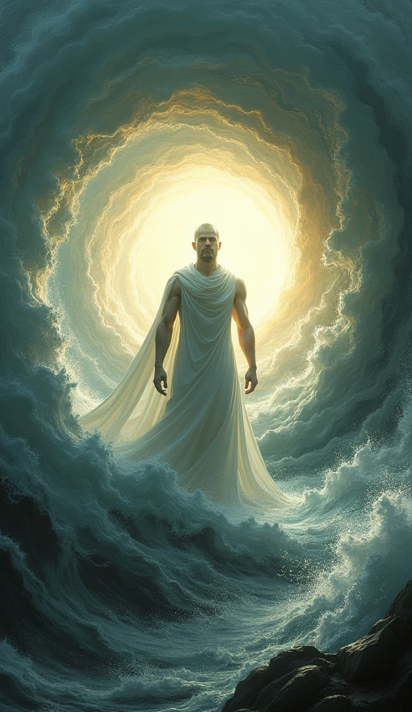 A person standing strong in the center of a swirling vortex, glowing with inner power, unshaken by the chaos around.