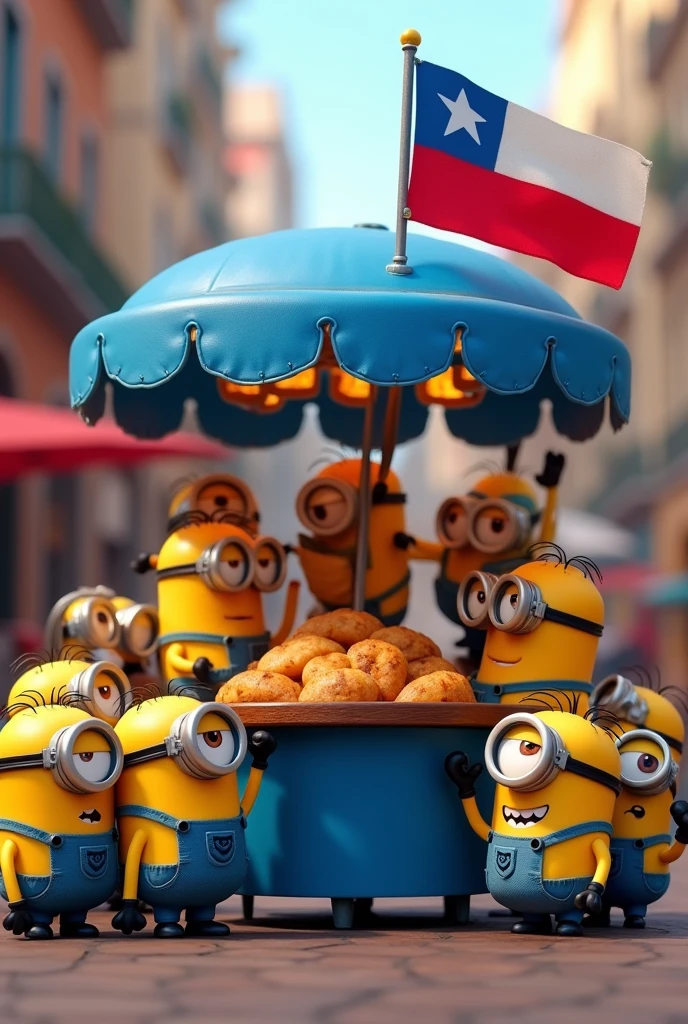 Empanada stand with a blue awning and minions with the Chilean flag