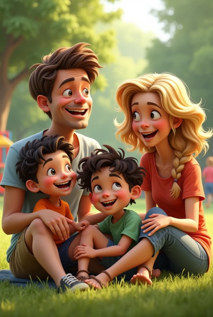 A realistic image of a family of four playing together in a park on a sunny day. The family includes a father in his late 30s with short brown hair and a few wrinkles around his eyes, a mother in her mid-30s with slightly messy, wavy blonde hair, and visible freckles, a young boy around  with tousled dark hair and a small scar on his knee, and a  about  with curly hair and a playful expression. The park is green and lively, with trees, grass, and a playground in the background. The family is laughing and having fun, with natural skin textures showing pores, slight imperfections, and realistic shadows. The image should have a slightly warm tone and a candid, imperfect quality, as if taken spontaneously with a family camera.