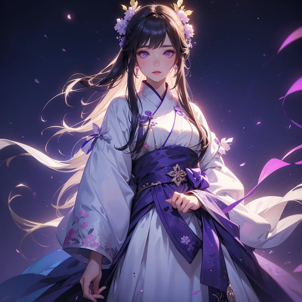 A beautiful female in white hanfu dress , Standing in the middle of Background is a dark moonless night, with dry trees in the background, and purple glowing light , close up.