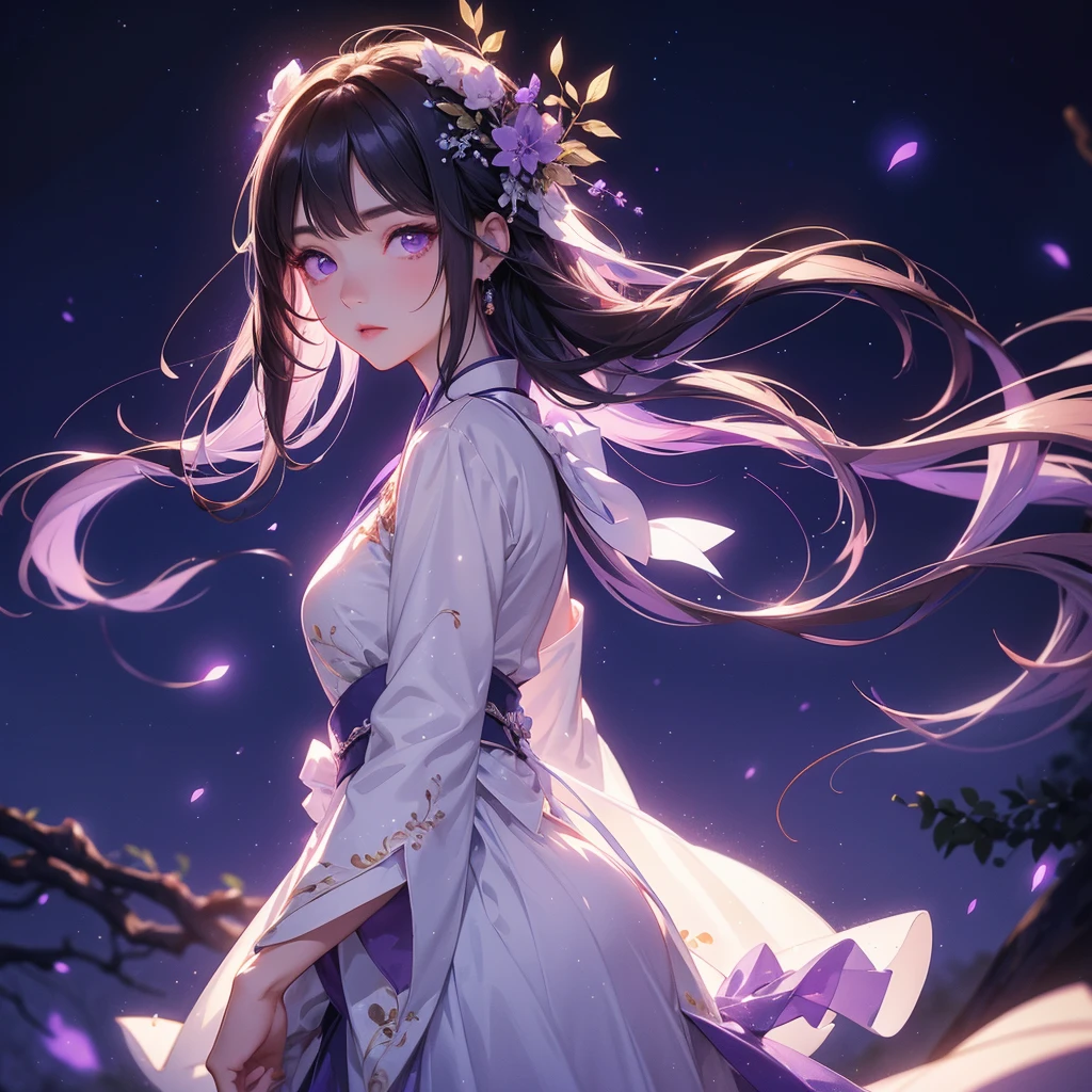 A beautiful female in white hanfu dress , Standing in the middle of Background is a dark moonless night, with dry trees in the background, and purple glowing light , close up.