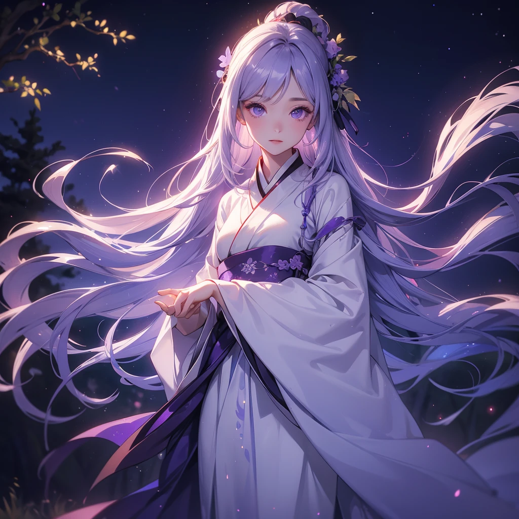 A beautiful female in white hanfu dress , Standing in the middle of Background is a dark moonless night, with dry trees in the background, and purple glowing light , close up.