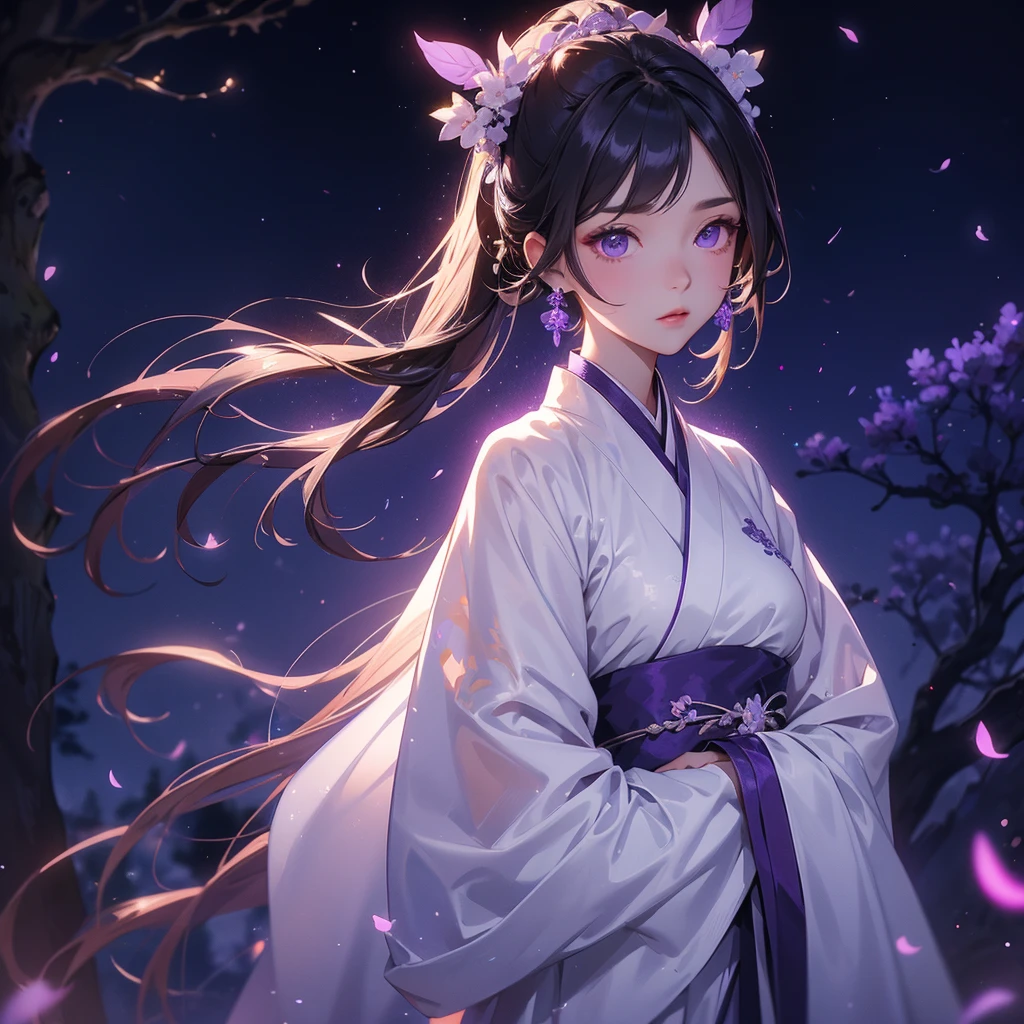 A beautiful female in white hanfu dress , Standing in the middle of Background is a dark moonless night, with dry trees in the background, and purple glowing light , close up.