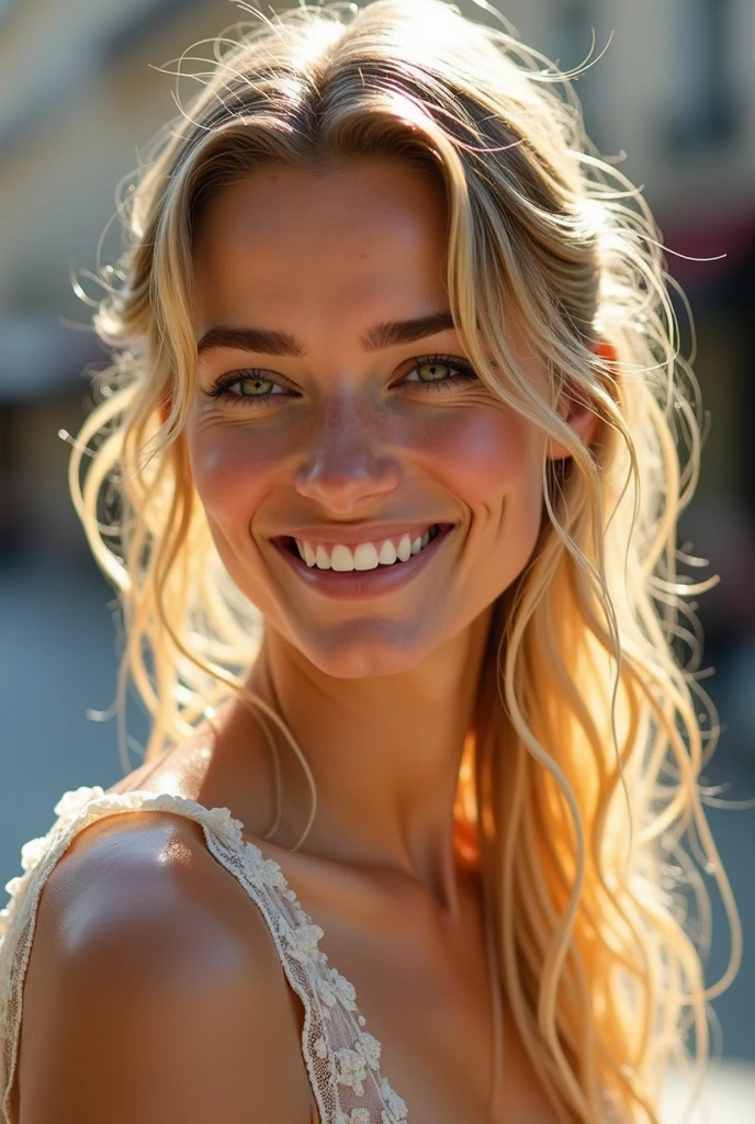 (chef-d&#39;œuvre, 8k, Meilleure qualité:1.2), dans paris, Extérieur, 1fille, femme suédoise de 27 ans, sourire, regarder le spectateur, en dentelle, chemise, vêtements mouillés, trempé, cheveux humide, peau mouillée, translucide, BLONDE, luisant d&#39;huile, trempé, Rayon de soleil brillant, voir à travers, espiègle