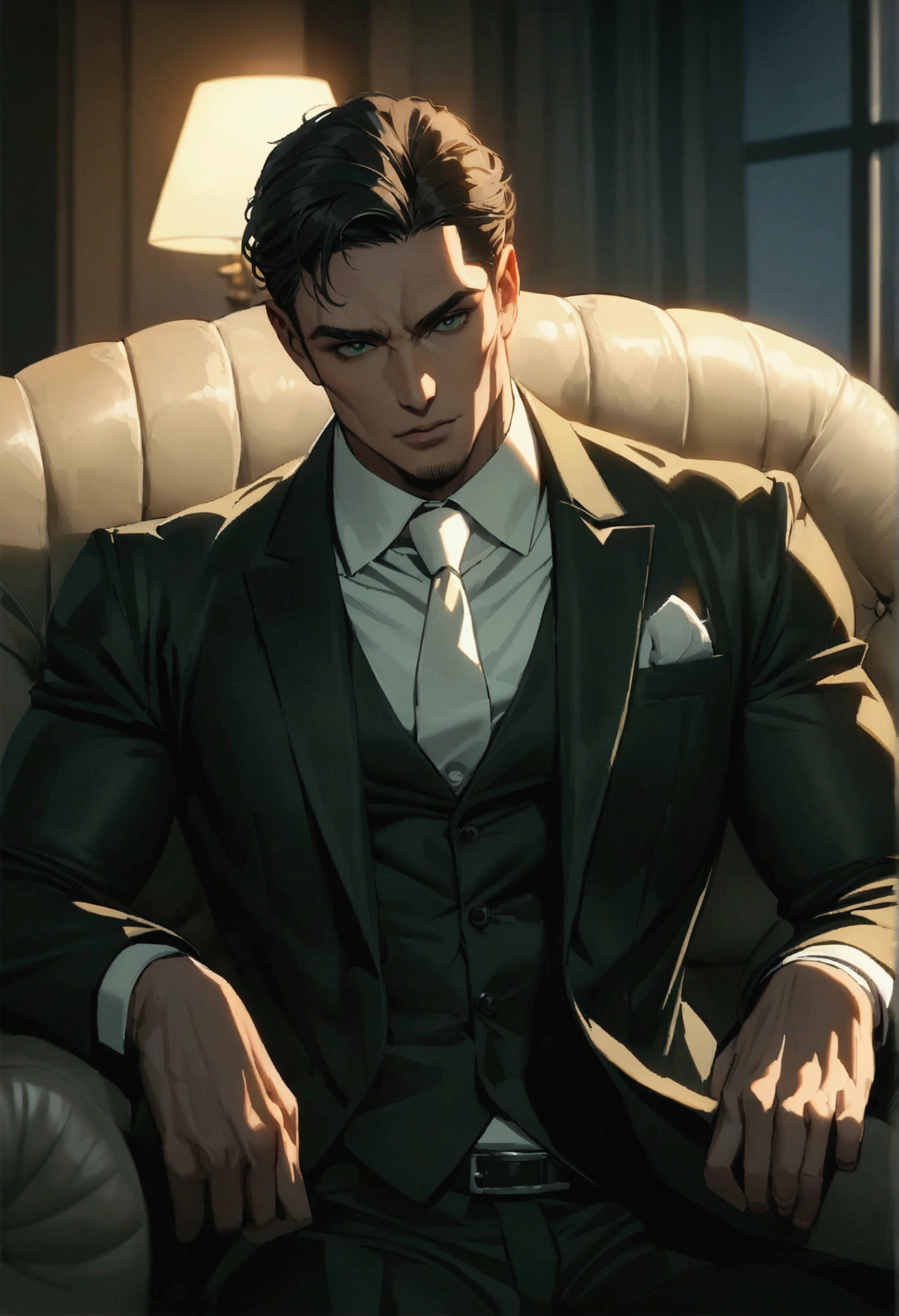 Handsome tall muscular buffy man sitting on the couch with suit on, dominant, dark short hair, dark green eyes, dim light