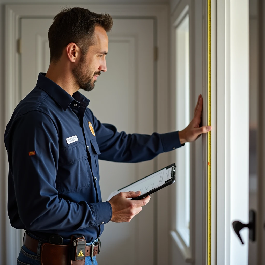 The image should feature a professional technician conducting an on-site measurement and consultation for interior door installation. The technician, dressed in a branded uniform and equipped with a measuring tape and clipboard or tablet, should be shown accurately measuring an interior door frame and discussing options with a client. The background should be a well-lit residential or commercial space where the technician is evaluating the door setup. Highlight the technician’s careful attention to detail, the use of precise measurement tools, and the professional demeanor in providing expert advice. The scene should convey a thorough, personalized service aimed at ensuring a perfect fit and satisfying the client’s needs.