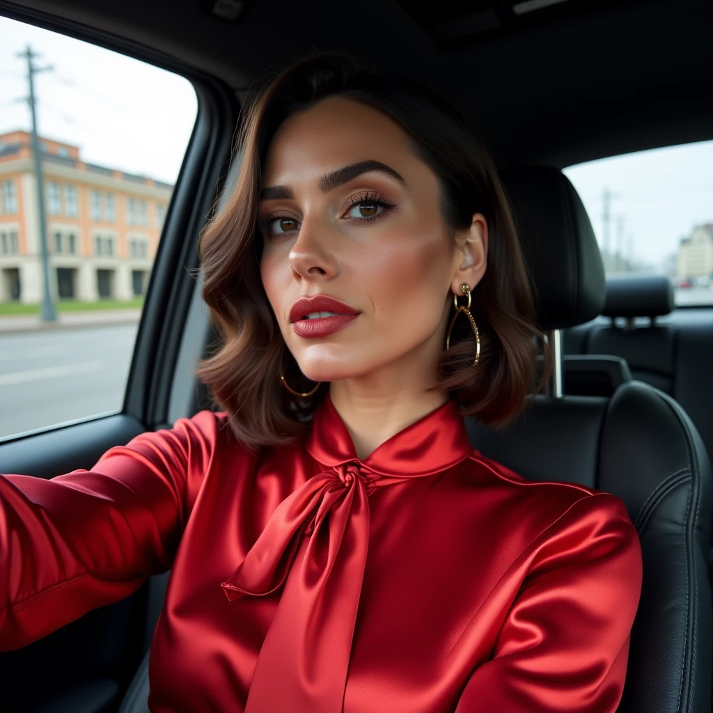 selfie photo of a jezebel woman in a car, wearing a glamorous satin blouse with red tie, city of berlin in the background, uploaded to Instagram