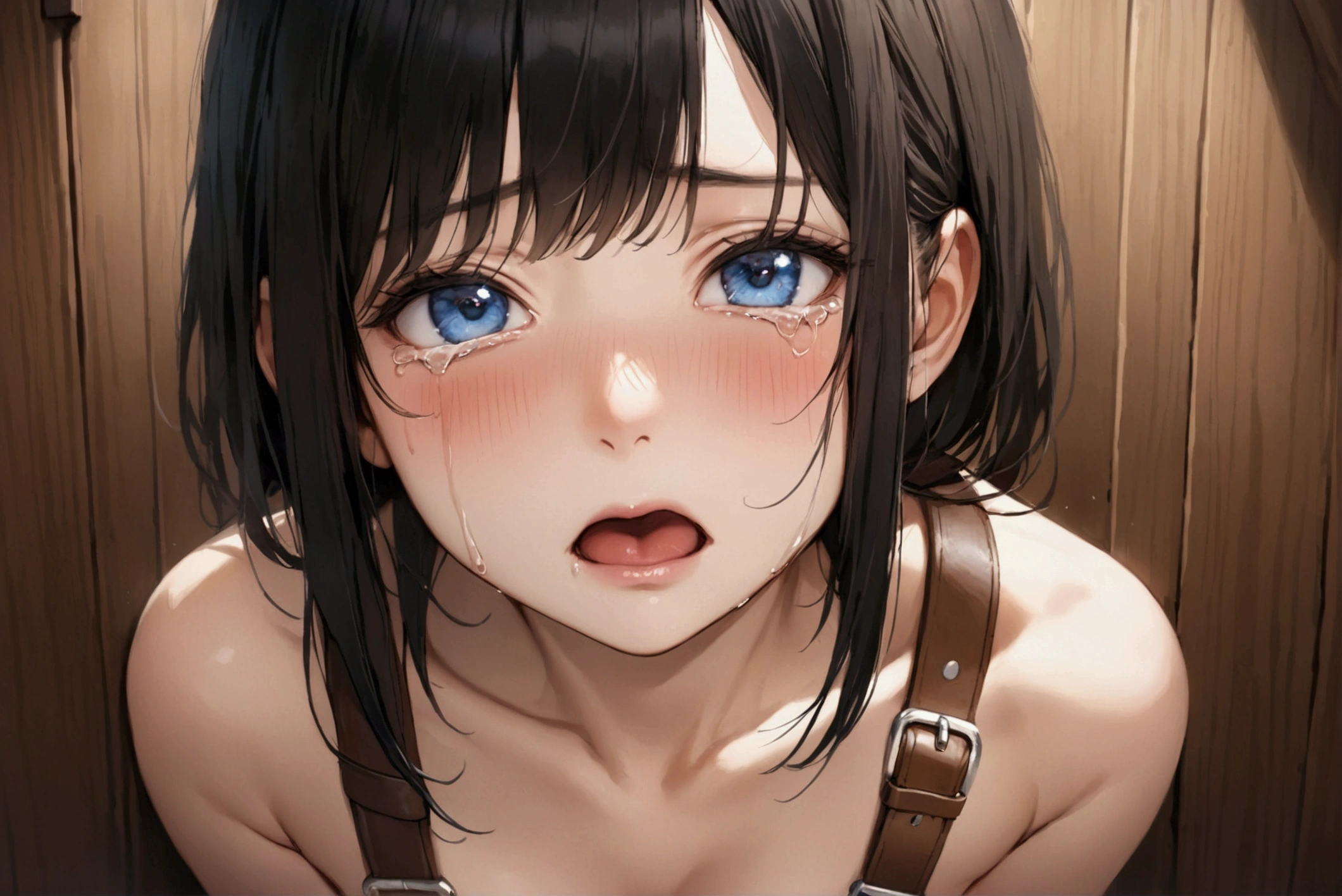 NSFW,NUDE,Woman with long black hair, blue eyes, An athletic body, (watch:1..5),(Brown belt with square buckle:1.5),Blushed face,Strong drunk,Crying loudly,In front of a wooden wall,Front view,Above the knee shot,16K, Highest quality, masterpiece, Realistic, detailed,Focus on the face