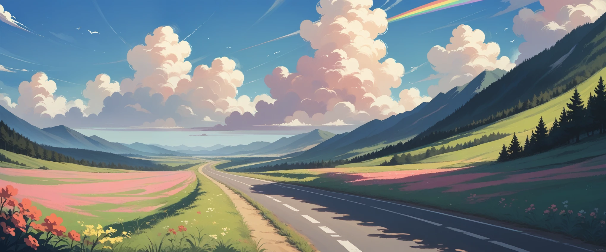 Road sky astronomy outdoors,Pastel Rainbow,landscape,Summer