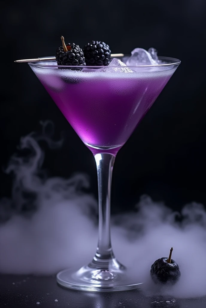 crie um drink da malevola, ele seria de vodka black amora ( black) grape (black) gin, liquor and dry ice( put the dry ice effect), it would be a VERY dark purple gradient with black, coloque apenas uma amora black na decoração e uma agulha cortando a amora, PICTURE REALISTIC, in a dry martini glass