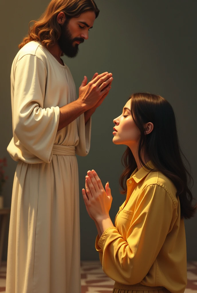 A brunette with straight hair, with a yellow shirt, praying with Jesus by the side drawing