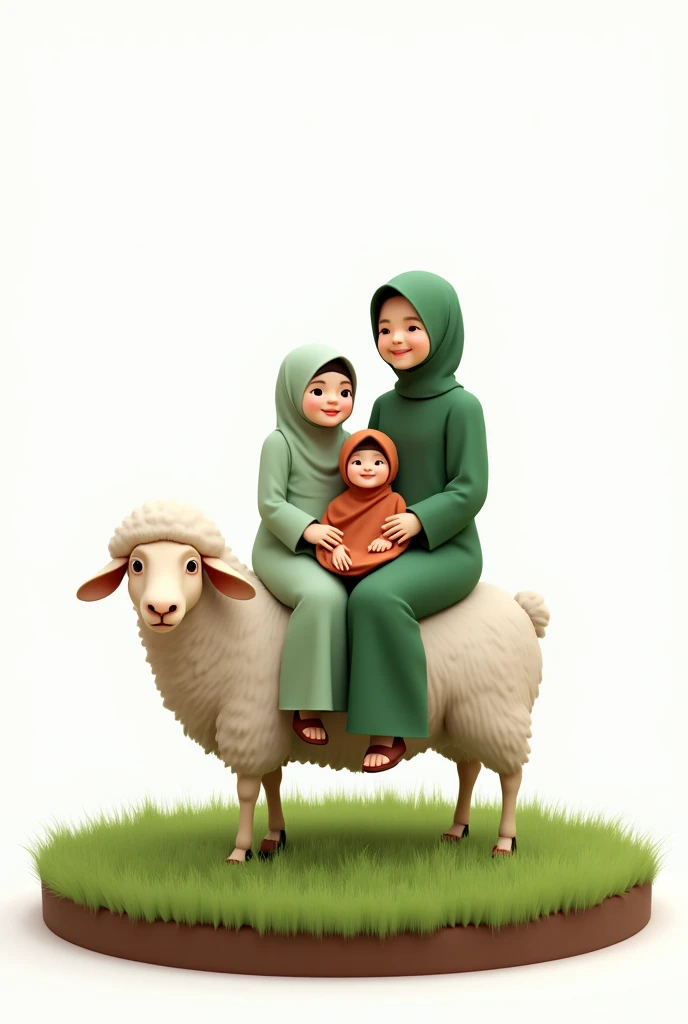 A family, each dressed in simple Muslim clothing, riding a sheep..original human. Native Indonesian people. Eid al-Adha. transparent background. Fresh green shades. facing the camera. Sheep standing on a circle of grass and a layer of soil on the edge