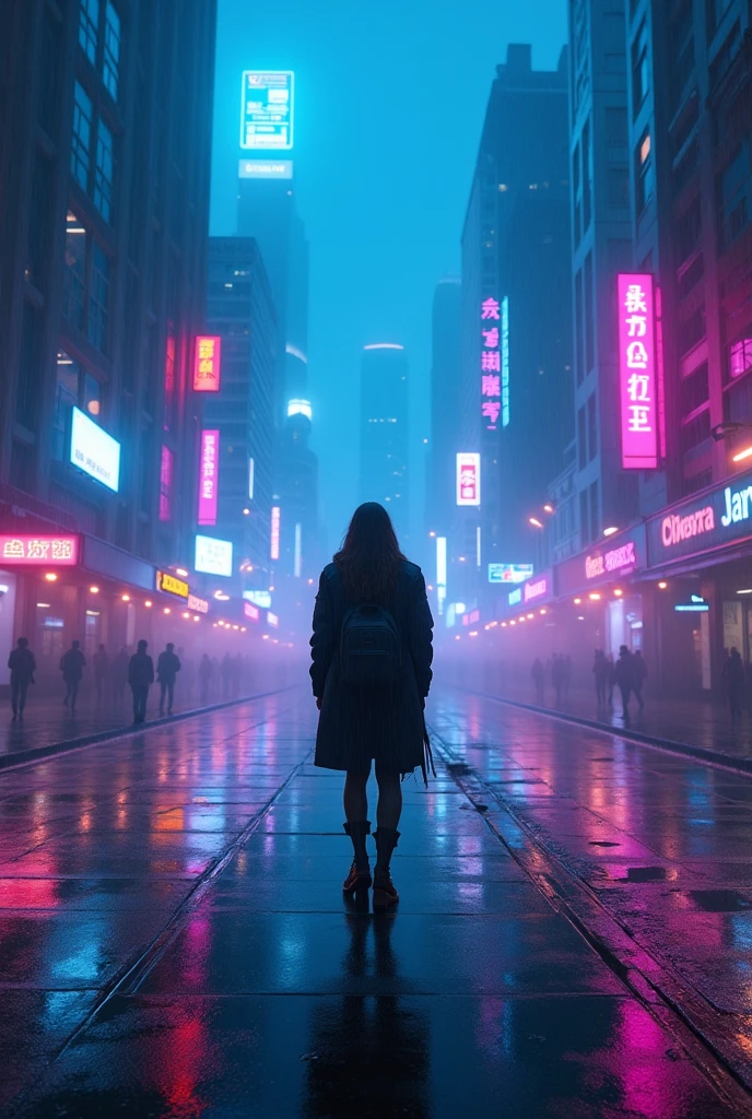 Full HD wallpaper of futuristic city at rainy night with blue and lilac neon lights. dark theme. With cyberpunk character highlighted from behind