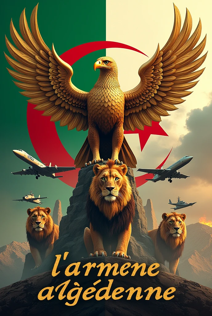 L'armée algérienne écrit en lettre d'or 
Aigle royal  les lions de la  Atlas  l'Algérie les  couleur vert blanc croissant de lune et étoile rouge couleur sang avion porte-avion sous-marin et armée de terre