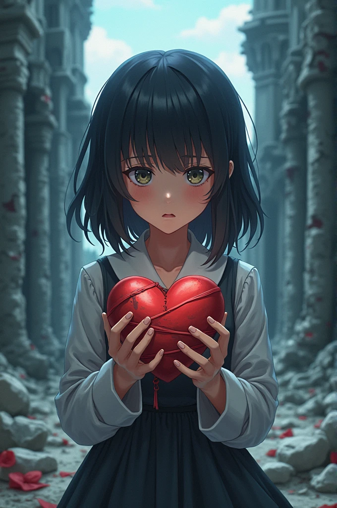 anime girl holds a bandaged heart in her hands, around the fragments and ruins of the castle