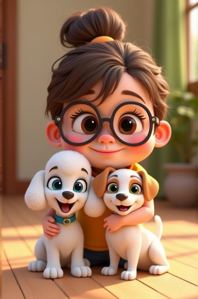 Disney Pixar A 3d toon cartoon of a chubby, plump, somewhat fat girl of about 3 with big glasses and tender eyes, She wears brown hair up in a bun with a middle part,small nose cute smile, who hugs and plays with his two dogs, a white colored poodle and a white Jack Russell dog with light brown 1 eye patch and large brown spots on his body. Both dogs happy and cute. To use as Instagram profile picture