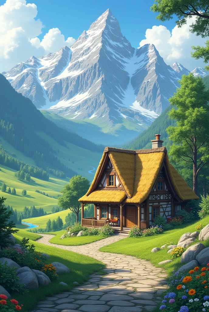 Make a beautiful village house little short surrounding in mountain in beauty of nature