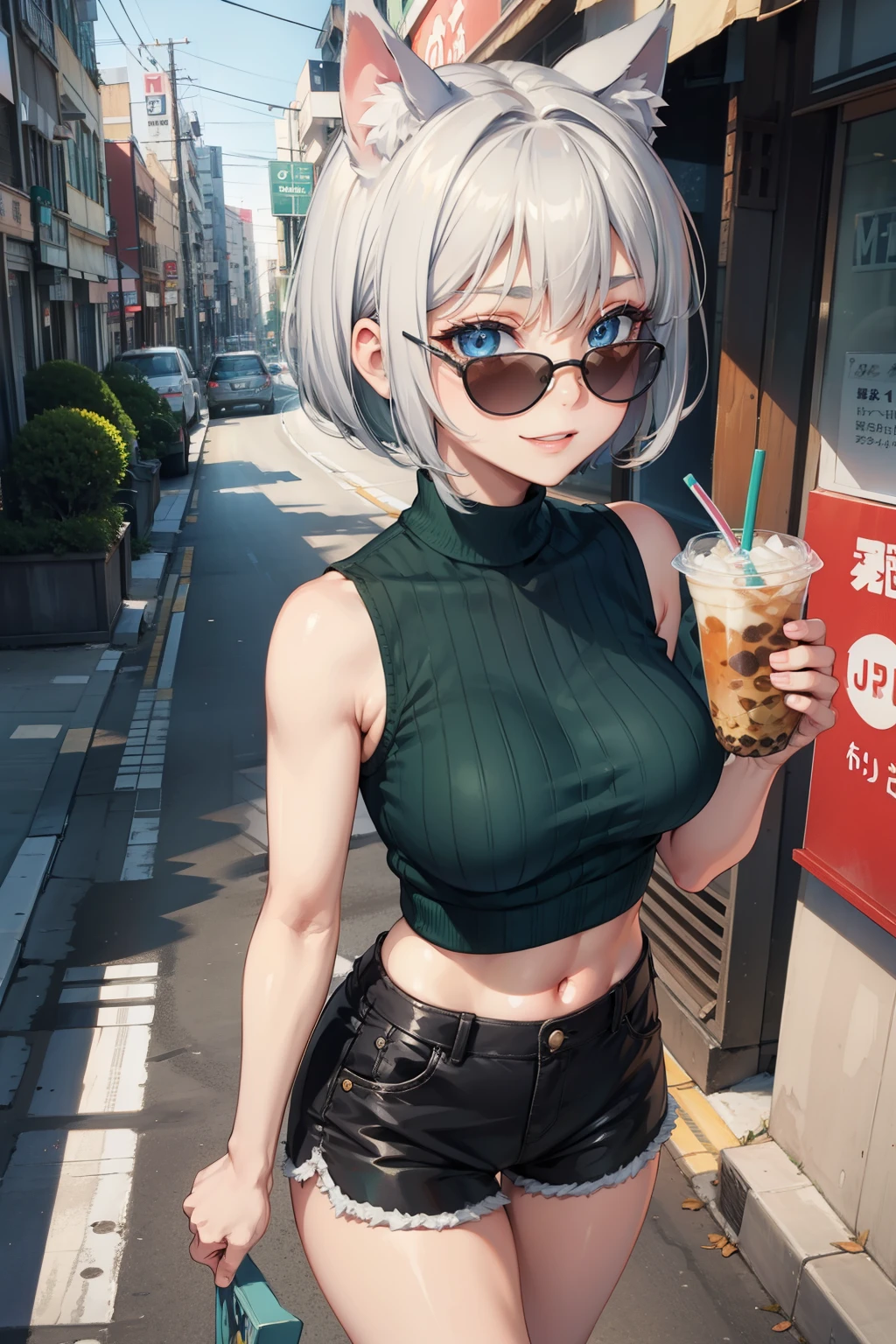 (masterpiece), (best quality), (High quality), high resolution, BREAK expressive eyes, perfect face, 1girl, grey cat ears: 1.5, medium hair, grey hair, pixie cut, BREAK, (big eyes, perfect eyes, blue eyes, thick eyelashes, thin eyebrow, BREAK short height, slim bulid, happy smile, medium breasts, BREAK green cropped sweater: 1.4, sleeveless, black shorts: 1.4, stylish sunglasses, BREAK walking, cowboy shot, view from above, (city streets, Osaka), drinking bubble tea