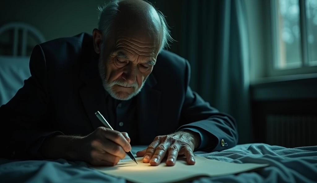 Theme: Very Creepy and Mysterious.
Scene Description: Lieutenant Walter Haut, elderly and ill, writes his confession on a hospital bed.
Setting: The room is shadowy, with a faint light illuminating the lieutenant’s face and the paper he writes on.
Start the image at: "His name was Lieutenant Walter Haut, the man who released the original weather balloon report."
End the image at: "He confirmed he had seen dead alien bodies in this still widely debated Roswell UFO incident."
