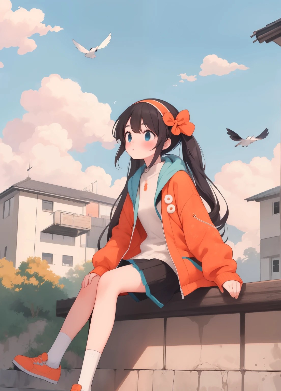 (masterpiece、Highest quality、Highest quality、Official Art、Beautiful and beautiful:1.2)、(One person:1.3)Hatsune Miku、Twin tails,Beautiful breasts, Katsushika Hokusai,One person女の子,Orange shoes,alone,Sitting,null,cloud,Outdoor,Black Hair,bird,Upward view,blue null,White socks,Daytime,Orange jacket,building,Long sleeve,leaf,Long Hair,stage,red head band,Pump rope,head band,bangs,cloudy null,from_Under,wide_shot,