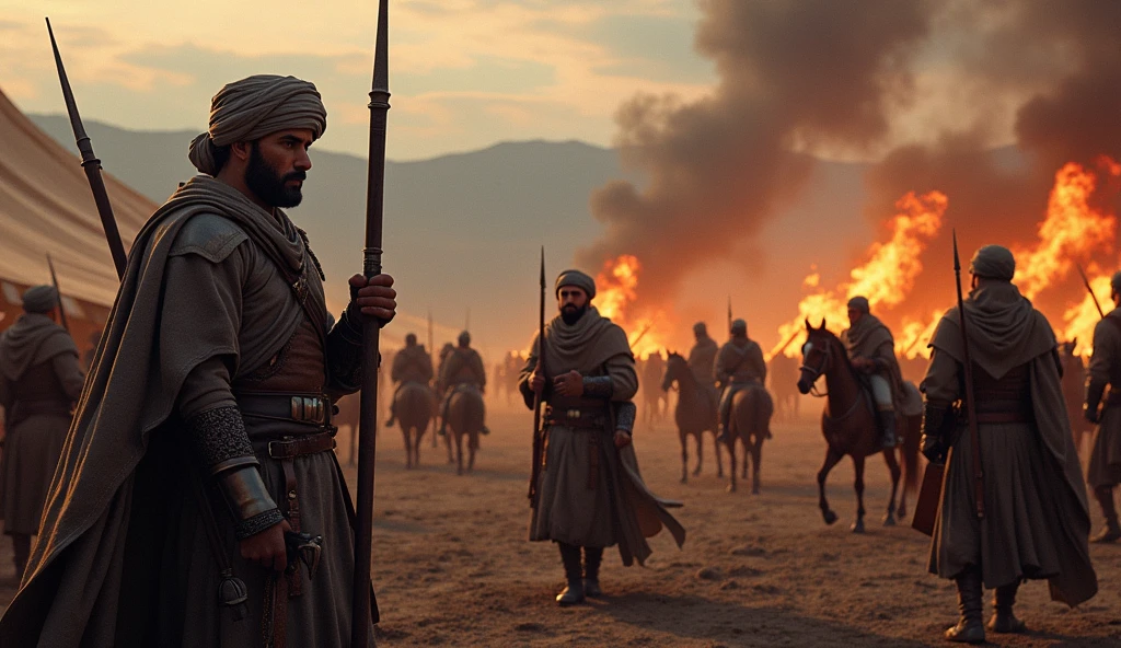 Create a dramatic, ultra-realistic portrayal of Thariq bin Ziyad's camp, with soldiers dressed in traditional Islamic attire including turbans, leather, and iron armor. The camp is set against a grand, cinematic landscape, featuring tents, horses, and campfires. The soldiers are depicted in various activities, such as discussing strategies, maintaining their weapons, and tending to the horses. The backdrop is a vast, underexposed environment with rolling hills and a distant, misty forest. The color grading is detailed, with a balance of warm tones from the campfires and cool, shadowed tones of the landscape, enhancing the dramatic and epic atmosphere
